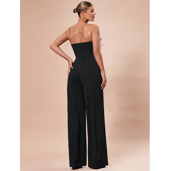 White Flower Strapless Black Elegant Jumpsuit High Waisted Long Wide Leg - Picture 5 of 8